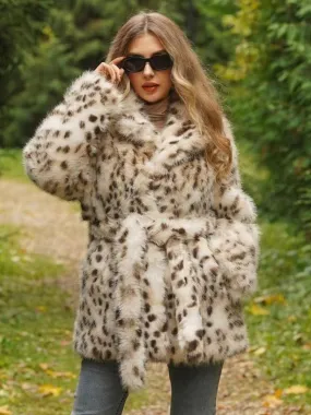 Faux Fur Coats Ecru White Raised Waist Long Sleeves Leopard Print Lace-up Winter Coat